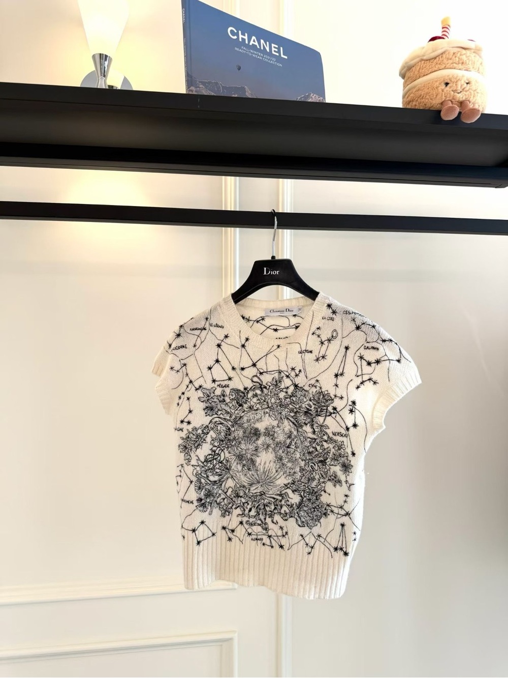 Dior White Knit Short-Sleeve Top with Black Constellation Floral Motif